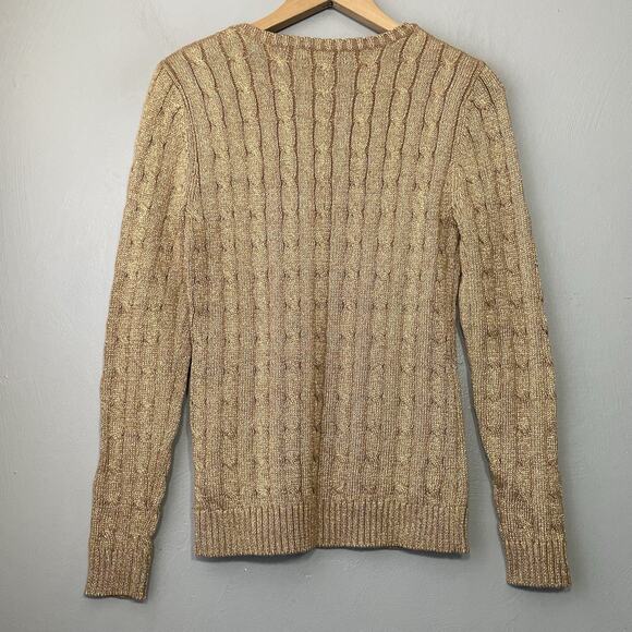 LRL Ralph Lauren Cable Knit Sweater Size Small Gold Metallic Shimmer Holiday - Picture 4 of 8